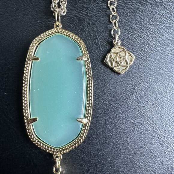 Kendra Scott Rayne Long Pendant Necklace Green Stone Tassel Gold Boho Western - Picture 3 of 4